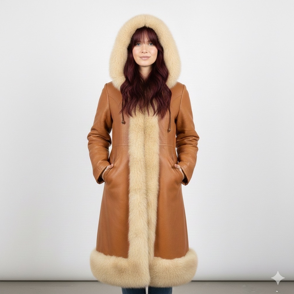 Vintage 70s Penny Lane Faux Leather Fur Trim Hooded Coat - XS/S 🇨🇦